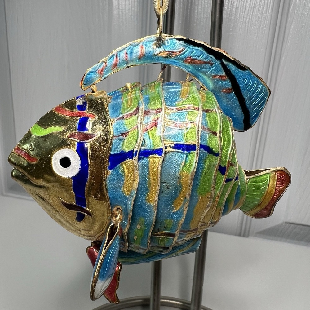 Cloisonné Enamel Articulated Bendable Lg Tropical Fish Ornament Blue & Green